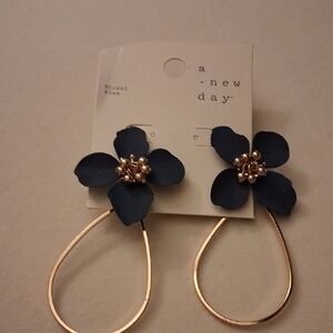 a new day Navy Floral Drop Earrings with Gold Hoops